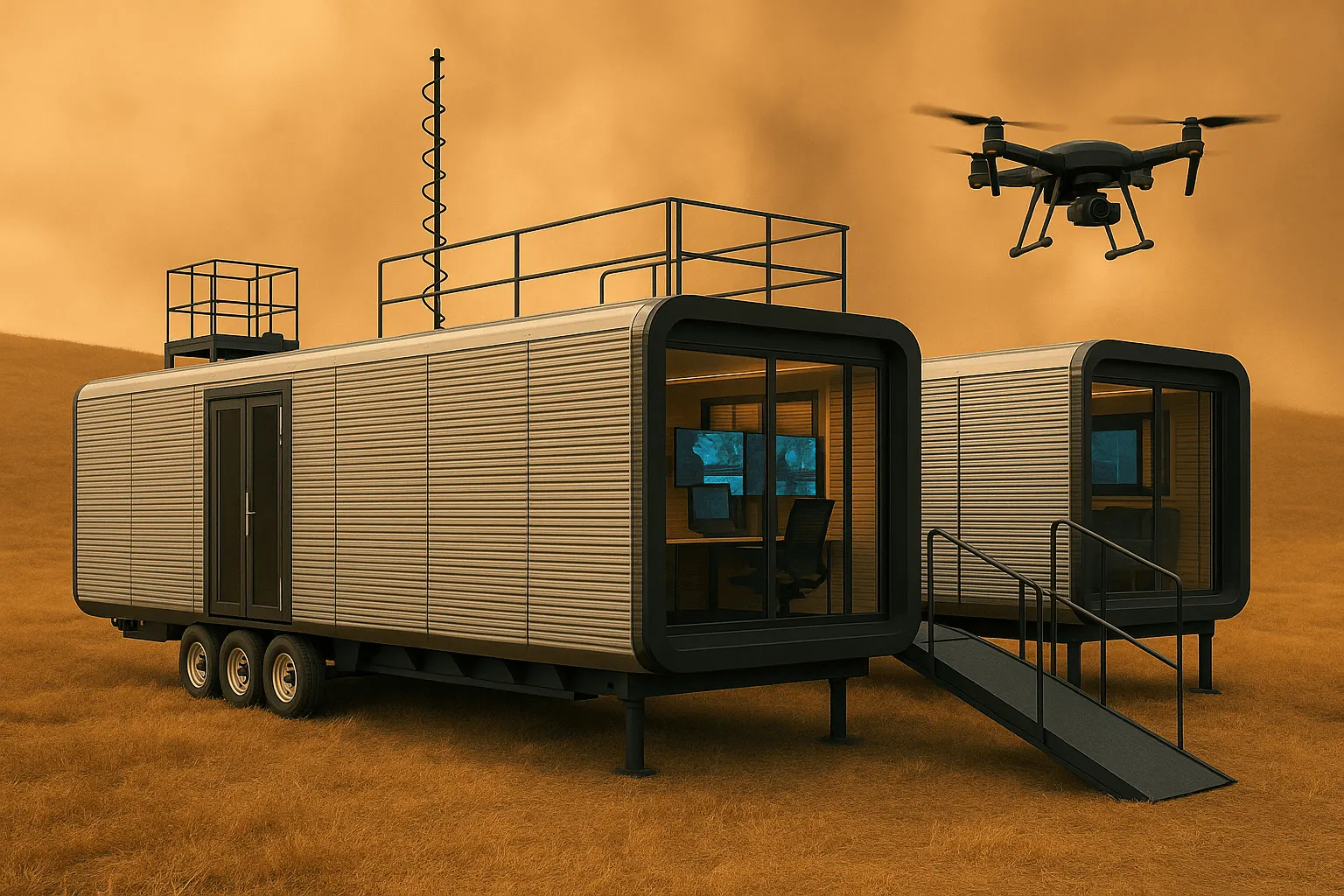 Rendering of a command pod in a field with a drone overhead