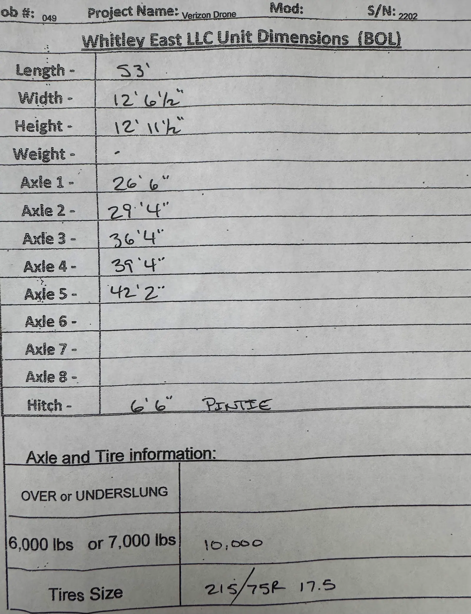 Axle measurements sheet